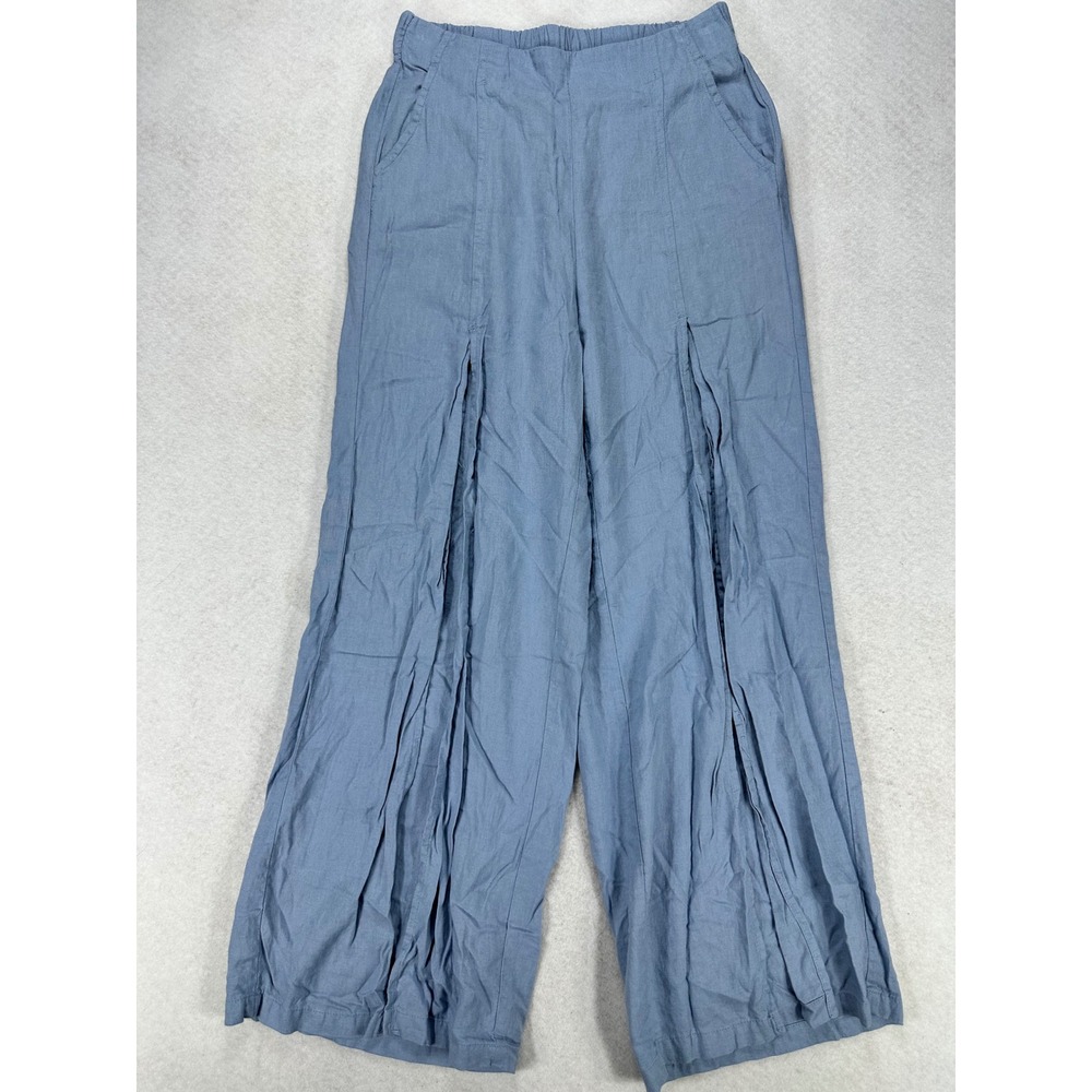HG Linen Blend Wide Leg Slit Front Pants Dusty Blue Small Elastic Waist Pockets